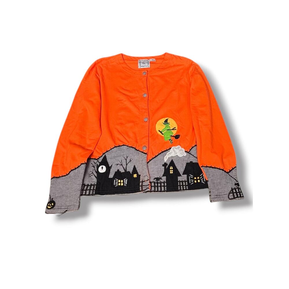 Vintage Michael Simon Lite Halloween Witch Cardigan Haunted House Pumpkin Orange